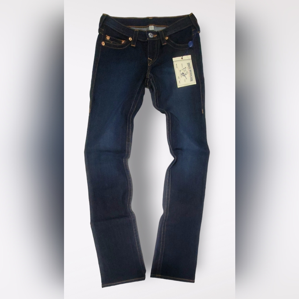 NEW True Religion Jeans Lonestar 11 Dark Wash Straight Red Orange Size 27 Womens